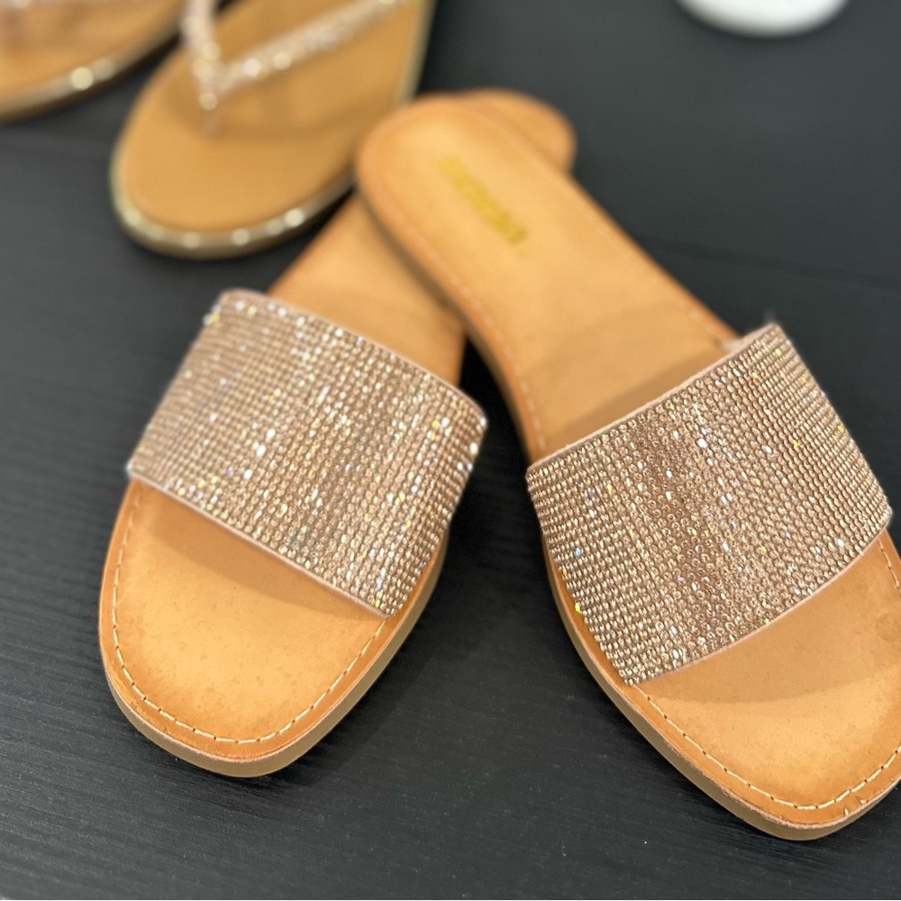 Soda Tan Sparkle Slide Sandals Rose Gold